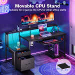 55 Inch Reversible Gaming Desk with Power Outlets and LED Light, Office Desk with File Cabinet & Drawer, Computer Desk with