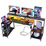 Eunon 71 inch L-Shaped Gaming Desk with Power Outlets LED Computer Office Table with Monitor Stand & Storage Shelf