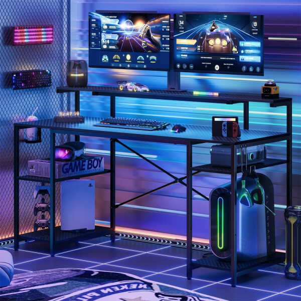Bestier Gaming Desk with LED Light & Outlets 55" Computer Desk with Monitor Stand, Black Carbon Fiber