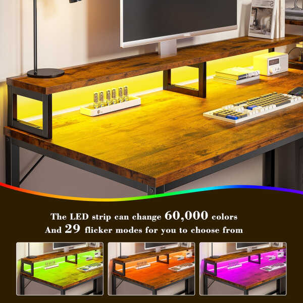 EnHomee 43.3" Gaming Desk with LED Lights & Power Outlets, Computer Desk with Drawers, Home Office Desks with Reversible Shelves