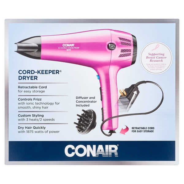 Conair 1875 Watt Cord-Keeper Hair Dryer with Ionic Conditioning, Pink