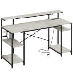 Bestier Gaming Desk with LED Light & Outlets 55" Computer Desk with Monitor Stand, Black Carbon Fiber
