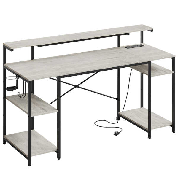 Bestier Gaming Desk with LED Light & Outlets 55" Computer Desk with Monitor Stand, Black Carbon Fiber