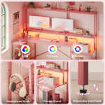 Bestier 71.5 inch Gaming Desk with LED Lights & Power Outlet, L Shaped Computer Desk with Hutch & Adjustable Shelves, Pink 3D
