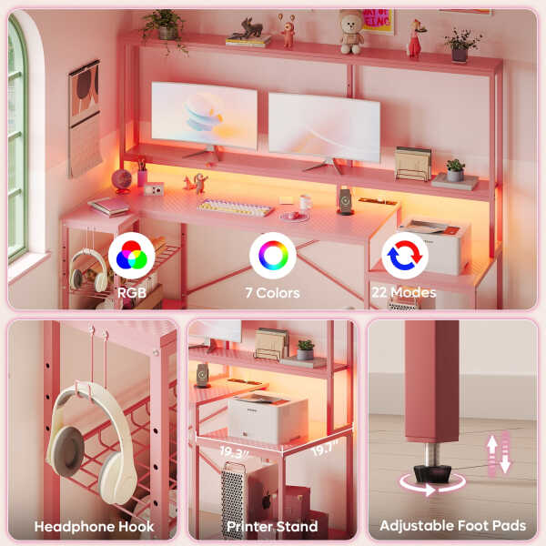 Bestier 71.5 inch Gaming Desk with LED Lights & Power Outlet, L Shaped Computer Desk with Hutch & Adjustable Shelves, Pink 3D