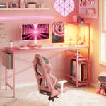 Bestier 61" Reversible Gaming Desk with PC Shelf Computer Desk with LED Light Carbon Fiber