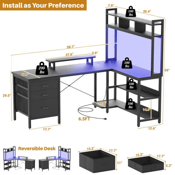 iSunirm L Shaped Gaming Desk with Storage, Computer Gaming Desk with LED Lights & Hutch, Reversible Computer Desk with Power