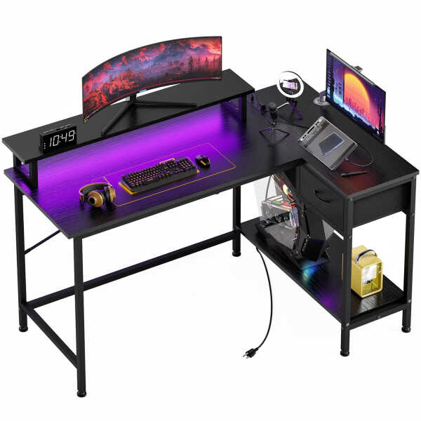 Fairy L Shaped Gaming Desk, 43in Computer Desk with Charging Port (Black)