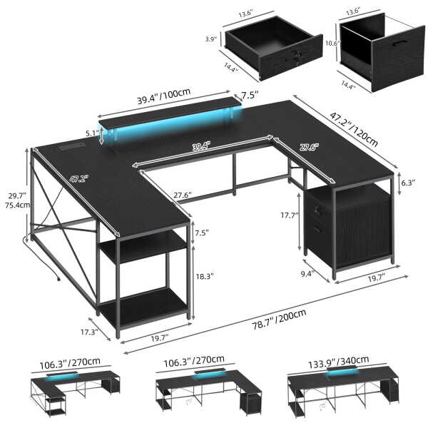 DWVO L Shaped Desk with Power Outlets & LED Lights, Reversible Computer Desk with Drawers & Storage Shelves, Large U Shaped