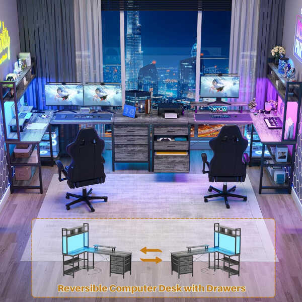 iSunirm L Shaped Gaming Desk with Storage, Computer Gaming Desk with LED Lights & Hutch, Reversible Computer Desk with Power