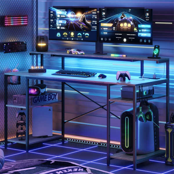 Bestier Gaming Desk with LED Light & Outlets 55" Computer Desk with Monitor Stand, Black Carbon Fiber