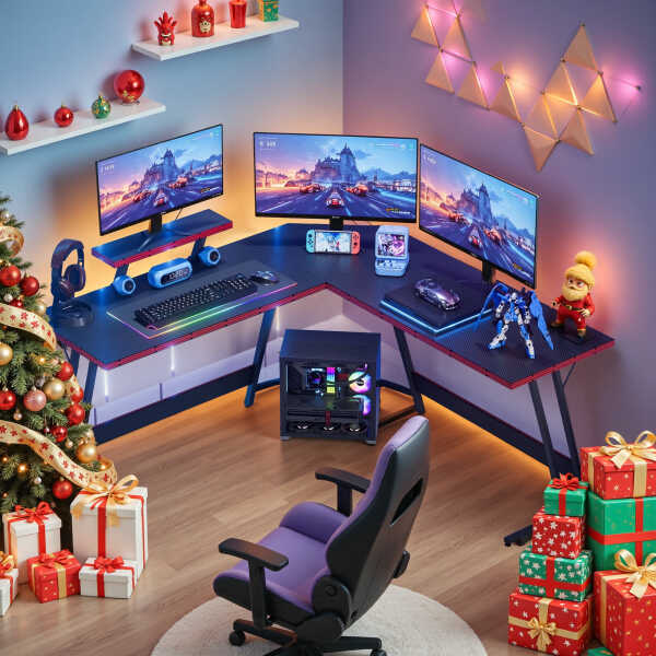 Vineego 51-inch L-Shaped Gaming Desk with Carbon Fiber Corner Computer Desk with Monitor Stand,Black