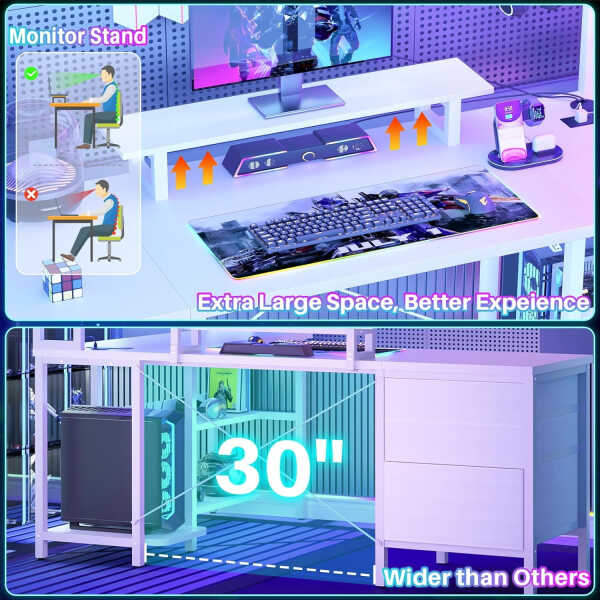 iSunirm L Shaped Gaming Desk with Storage, Computer Gaming Desk with LED Lights & Hutch, Reversible Computer Desk with Power