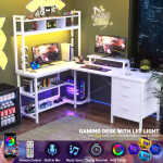 iSunirm L Shaped Gaming Desk with Storage, Computer Gaming Desk with LED Lights & Hutch, Reversible Computer Desk with Power