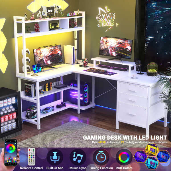 iSunirm L Shaped Gaming Desk with Storage, Computer Gaming Desk with LED Lights & Hutch, Reversible Computer Desk with Power