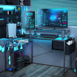 Upgo 55" Gaming Desk with Adjustable Storage Rack & LED Lights, Power Outlets for Adult and Teen