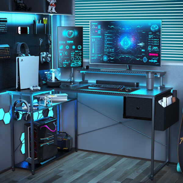 Upgo L Shaped 47" Gaming Desk with LED Lights & Adjustable Stand, Power Outlets & Storage Drawer for Adult and Teen