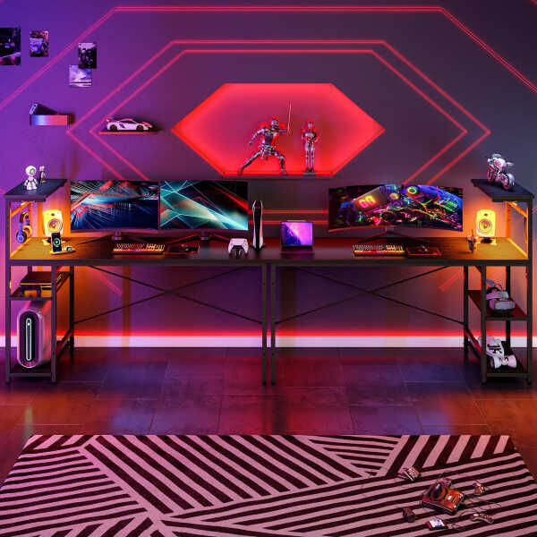 Bestier 61" Reversible Gaming Desk with PC Shelf Computer Desk with LED Light Carbon Fiber