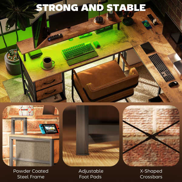 HOMCOM 66" Reversible L Shaped Desk with File Drawer, 105" Two Person Desk with Power Outlet and LED Light, Monitor Shelf and