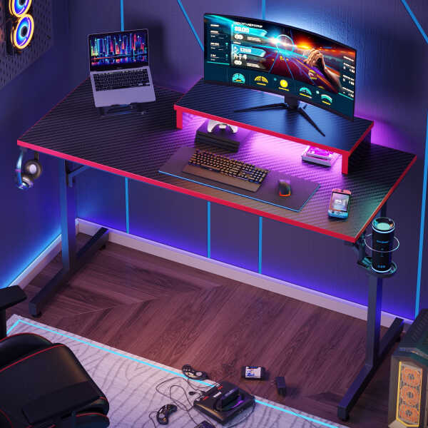 Bestier 42" Gaming Desk PC Computer Office Gamer Table Desk with LED Lights & Monitor Stand in Red