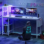 Bestier 61" Reversible Gaming Desk with PC Shelf Computer Desk with LED Light Carbon Fiber