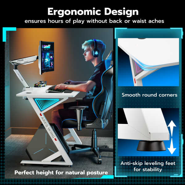 ARES WING 47" Gaming Table with LED Light, Computer Desk for Adult, PC Ergonomic Table White