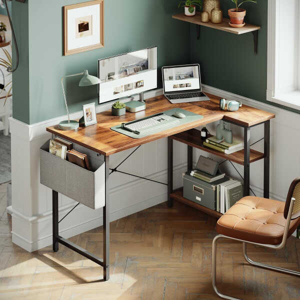 DESINO 40 Inch L-Shaped Computer Desk with Storage Shelves Home Office Corner Desk Study Writing Table, Black