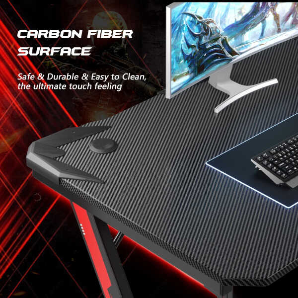 Homall 44 Inches Z-Shaped Gaming Desk Carbon Fiber Surface Desk with Cup Holder & Headphone Hook, Black