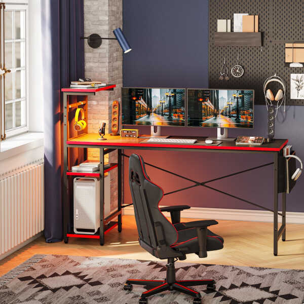 Bestier 61" Reversible Gaming Desk with PC Shelf Computer Desk with LED Light Carbon Fiber