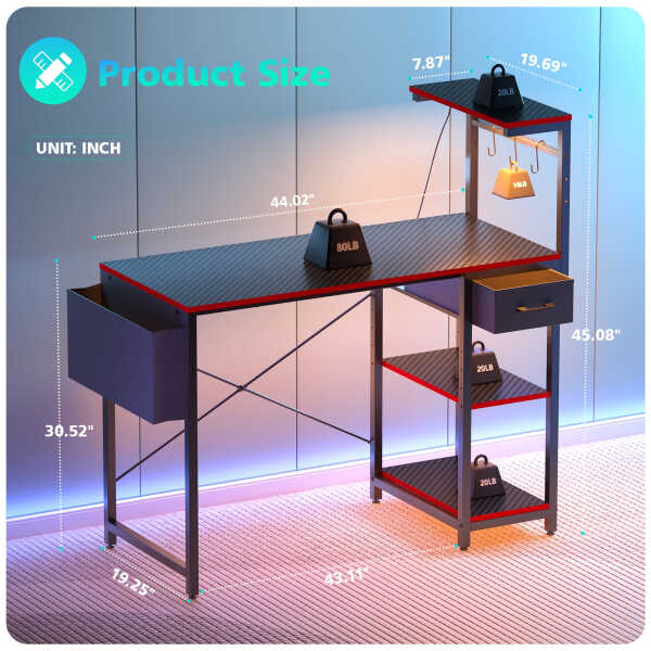 Eunon 44 inch Gaming Computer Desk with LED Lights, Reversible 4 Tier Storage Shelves & Drawer,Pink