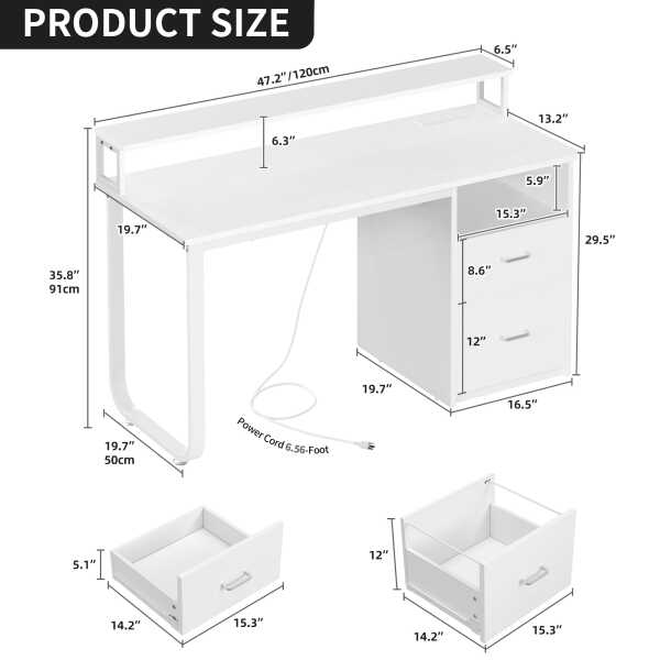 Dextrus 47 inch Computer Desk with Storage Drawers & LED Light, Office Desk with Monitor Stand & Power Outlets, Work Study PC