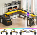 Enhomee L Shaped Desk, Gaming Desks with Power Outlet & LED Light Computer Deskwith Drawers & Storage Shelves Black