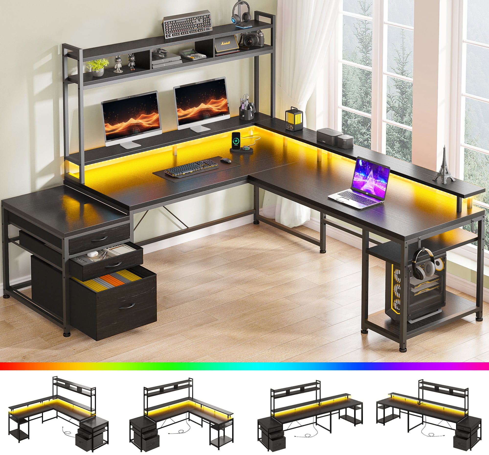 Enhomee L Shaped Desk, Gaming Desks with Power Outlet & LED Light Computer Deskwith Drawers & Storage Shelves Black