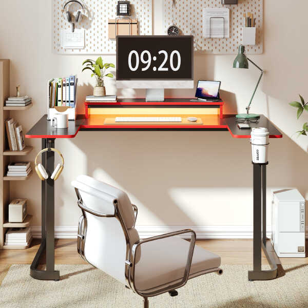 Bestier 51 inch Gaming Desk with LED Lights, U-Shaped Computer Desk with Monitor Stand, Hooks and Cup Holder, Home Office Desk,