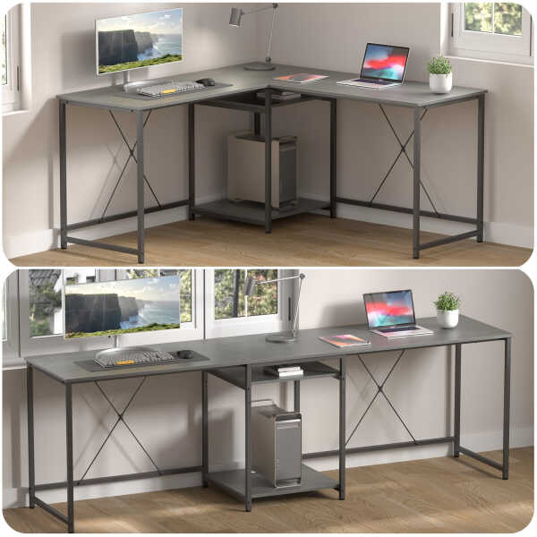 JOZ 59" L Shaped Gaming Desk, Two-Way Convertible Computer Desk with Storage Shelves for Rooms, Corner and Home Office in Rock