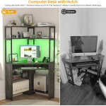 Homieasy Corner Computer Desk with Power Outlets & LED Light, Corner Desk with Hutch, Triangle Gaming Desk with Keyboard Tray,
