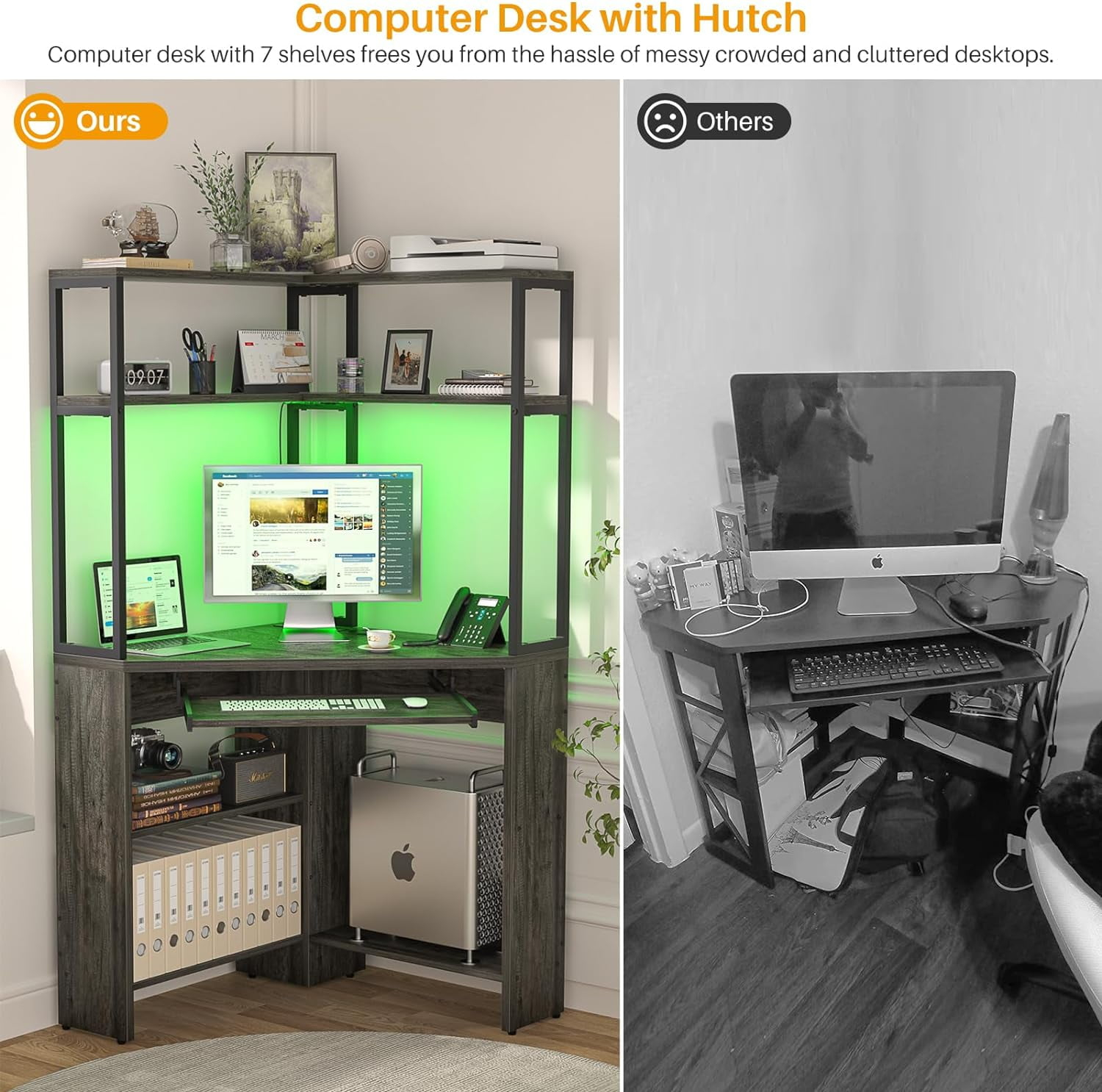 Homieasy Corner Computer Desk with Power Outlets & LED Light, Corner Desk with Hutch, Triangle Gaming Desk with Keyboard Tray,