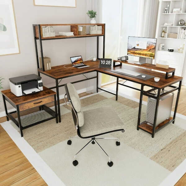 CHITOOMA 67 Inch Reversible L-Shaped Computer Desk Gaming Desk with Power Outlets,USB Ports,LED Strip,Storage Shelves & Monitor