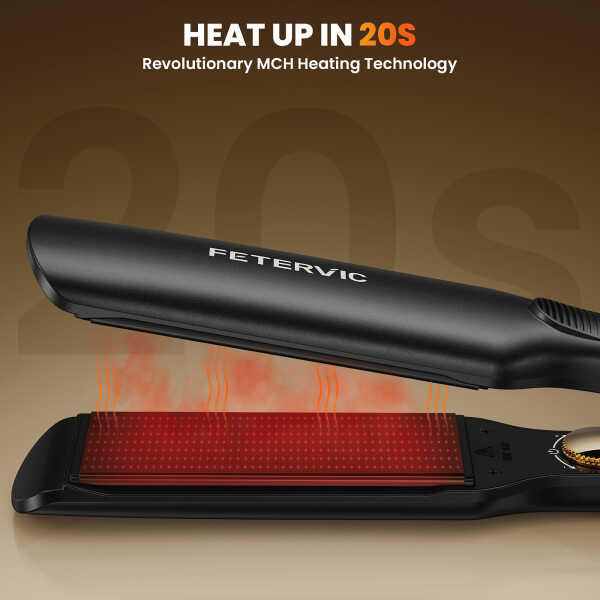 FETERVIC 1.57 Inch Ceramic Hair Straightener, Dual Voltage Flat Iron with 3D Floating Titanium Plates, LCD Display, 60-Min Auto