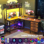iSunirm L Shaped Gaming Desk with Storage, Computer Gaming Desk with LED Lights & Hutch, Reversible Computer Desk with Power