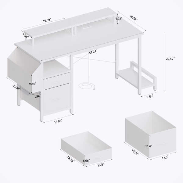 Furnibear Computer Desk with Drawer and Power Outlets, 47" Office Desk with 2 Monitor Stands and Fabric File Cabinet for Home
