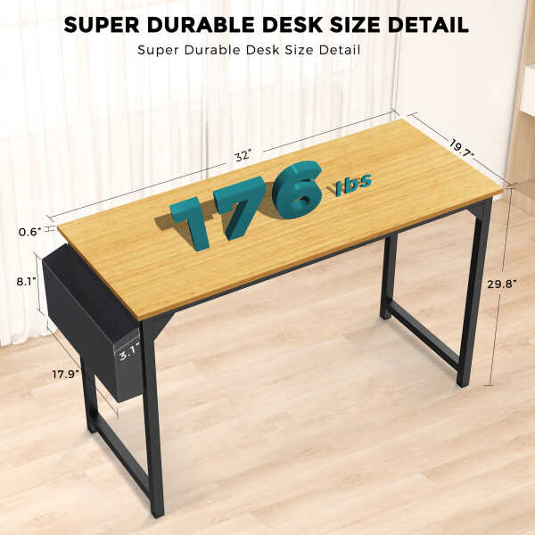 CONCETTA Computer Desk, 31 Inch with Storage Bag and Iron Hooks for Home, Office, Black