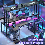 Bestier 71.5 inch Gaming Desk with LED Lights & Power Outlet, L Shaped Computer Desk with Hutch & Adjustable Shelves, Pink 3D
