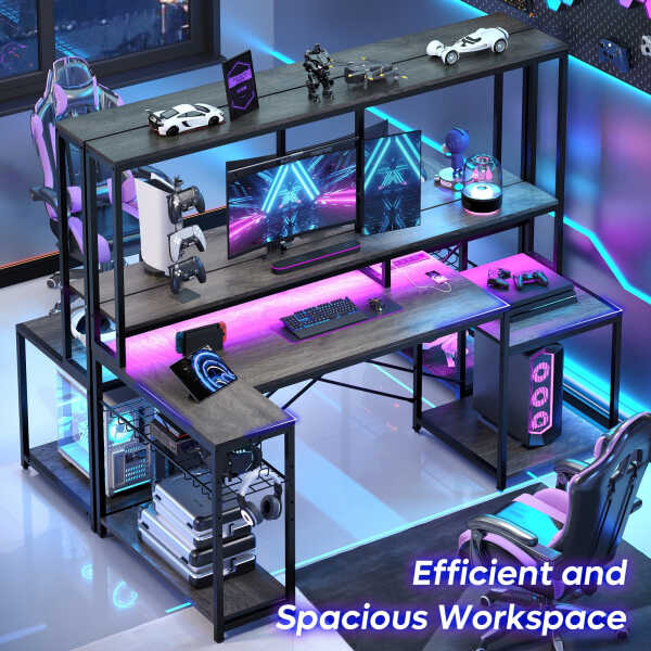 Bestier 71.5 inch Gaming Desk with LED Lights & Power Outlet, L Shaped Computer Desk with Hutch & Adjustable Shelves, Pink 3D