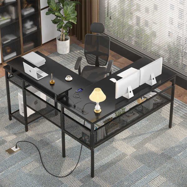 Homieasy L Shaped Computer Desk with Magic Power Outlets and Smart LED Light, Reversible 55 Inch Corner Office Desk with Monitor