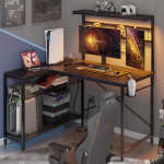 Bestier 42 inch Gaming Desk with LED Lights & Power Outlet, Reversible L Shaped Computer Desk with Hutch & Storage Shelves,