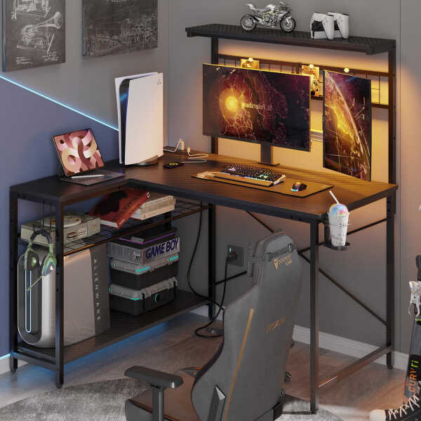 Bestier 42 inch Gaming Desk with LED Lights & Power Outlet, Reversible L Shaped Computer Desk with Hutch & Storage Shelves,