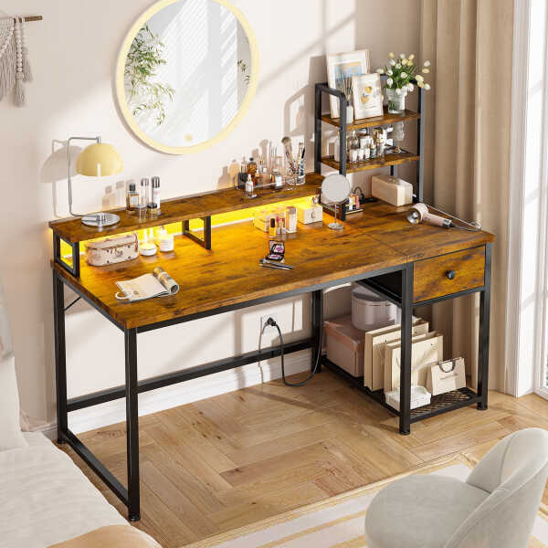 EnHomee 43.3" Gaming Desk with LED Lights & Power Outlets, Computer Desk with Drawers, Home Office Desks with Reversible Shelves