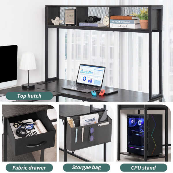 Yoobure 55 inch L Shaped Desk with Power Outlet and LED lights&65292Corner Gaming Desk with Storage Shelf&65292Computer Desk L