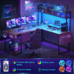 Homieasy L Shaped Desk with Power Outlet & USB Ports, 86.6'' Reversible L-Shaped Gaming Desk with Monitor Stand & LED Strip, 2